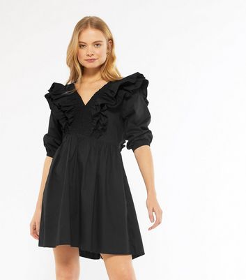 Black Poplin Ruffle Mini Dress | New Look